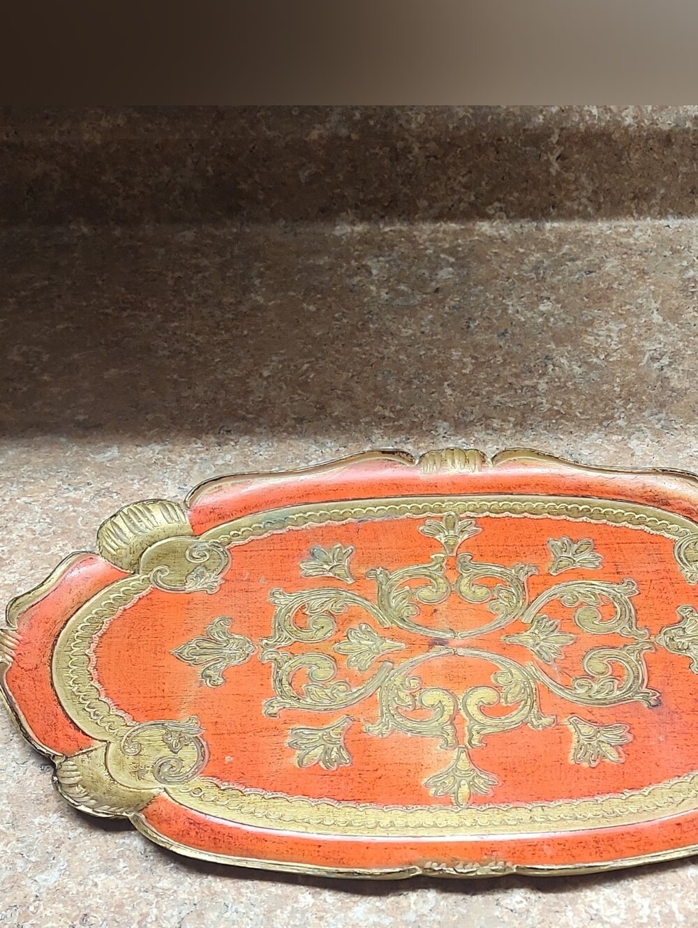 Enesco Orange Vanity Tray with Gold Filigree